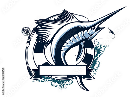 Marlin fish logo.Sword fishing emblem for sport club. Angry fish background theme vector illustration.