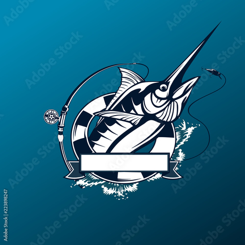 Marlin fish logo.Sword fishing emblem for sport club. Angry fish background theme vector illustration.