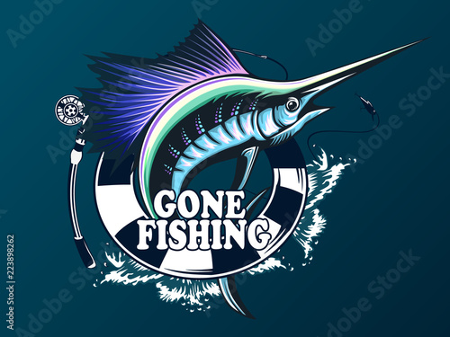 Marlin fish logo.Sword fishing emblem for sport club. Angry fish background theme vector illustration.