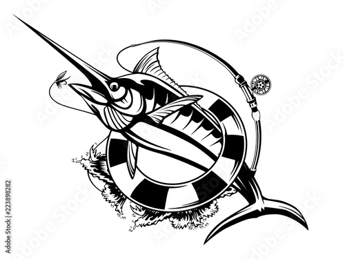 Marlin fish logo.Sword fishing emblem for sport club. Angry fish background theme vector illustration.