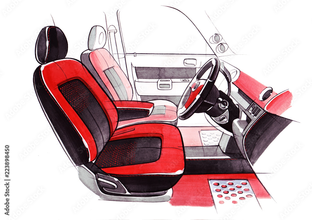 Naklejka premium Drawing of the exclusive interior design of the car with the elaboration of all the elements of the modern passenger compartment of the vehicle.