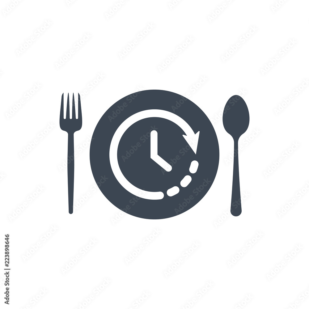 Restaurant icon, fork and spoon, plate icon with time sign. Restaurant icon and countdown, deadline, schedule, planning symbol Restaurant icon, fork and spoon, plate icon with time sign. Restaurant icon and countdown, deadline, schedule, planning symbol