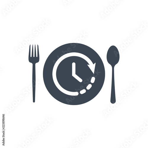 Restaurant icon, fork and spoon, plate icon with time sign. Restaurant icon and countdown, deadline, schedule, planning symbol