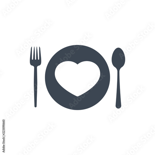 Restaurant icon, fork and spoon, plate icon with heart sign. Restaurant icon and favorite, like, love, care symbol