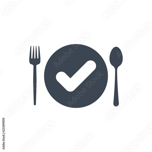 Restaurant icon, fork and spoon, plate icon with check sign. Restaurant icon and approved, confirm, done, tick, completed symbol
