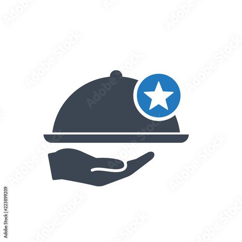 Restaurant icon, Tray on the hand concept icon with star sign. Restaurant icon and best, favorite, rating symbol