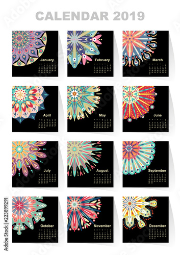 Calendar for 2019 year. Vintage decorative mandala elements. Week starts on sunday. Vintage style template for your design