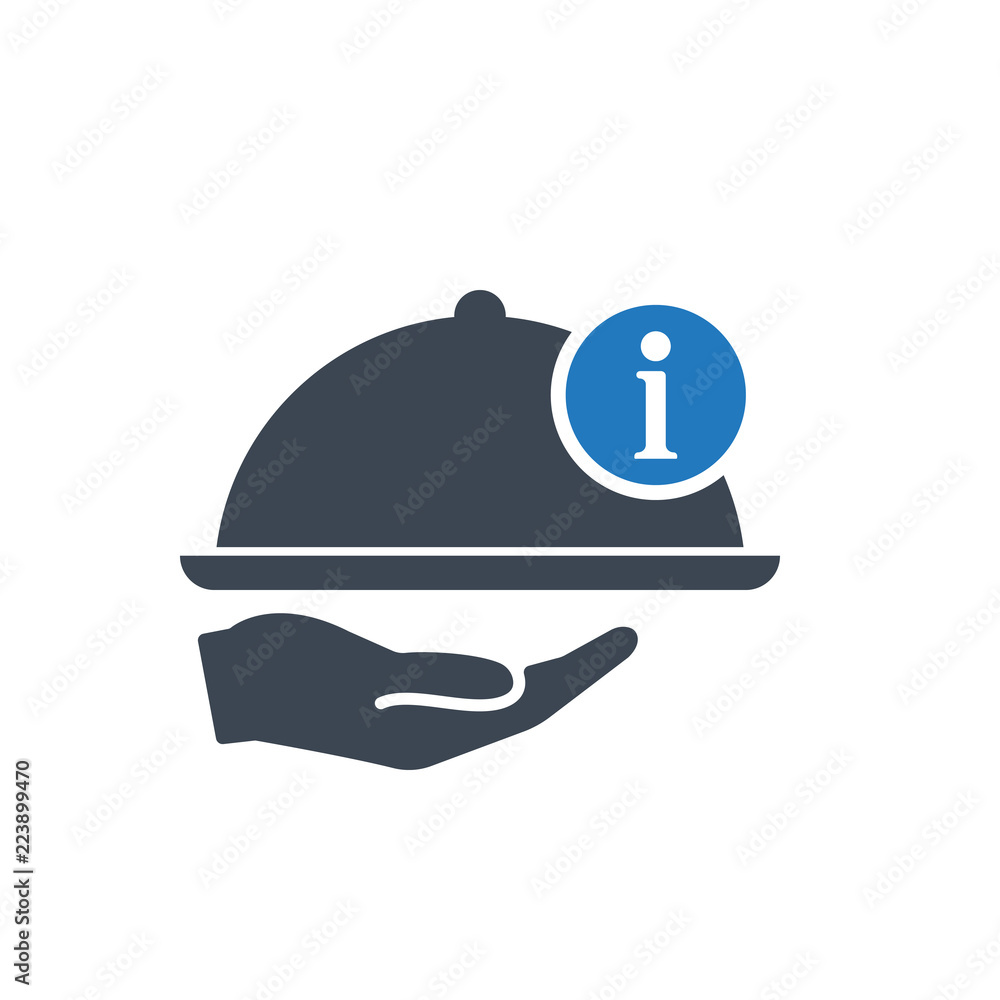 Restaurant icon, Tray on the hand concept icon with information sign. Restaurant icon and about, faq, help, hint symbol Restaurant icon, Tray on the hand concept icon with information sign. Restaurant icon and about, faq, help, hint symbol
