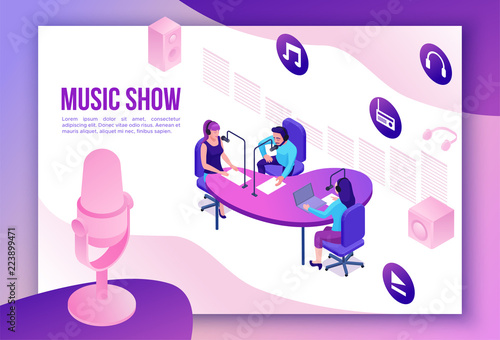 Music show isometric 3d illustration, modern podcast or audio blog concept, vector landing page template with people, microphone, sound studio interior in violet color