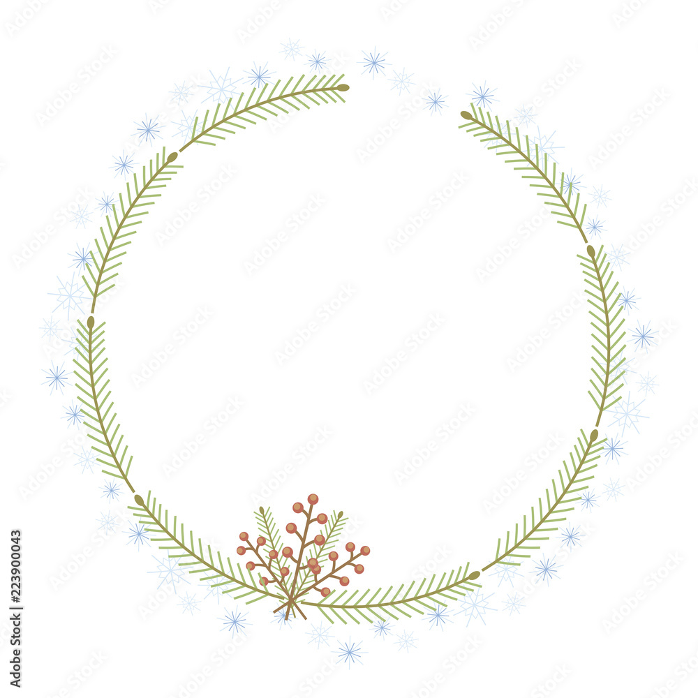 Obraz premium Christmas wreath circle with twigs of fir snowflakes and red berries isolated vector on white background.