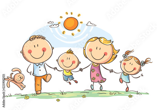 Happy family with two children having fun running outdoors