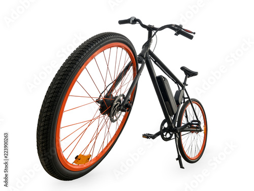 Black electric bike wide angle view isolated with clipping path