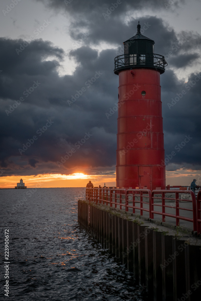 Red Lighthouse at Sunrise on Lake Michigan in Milwaukee, Wisconsin