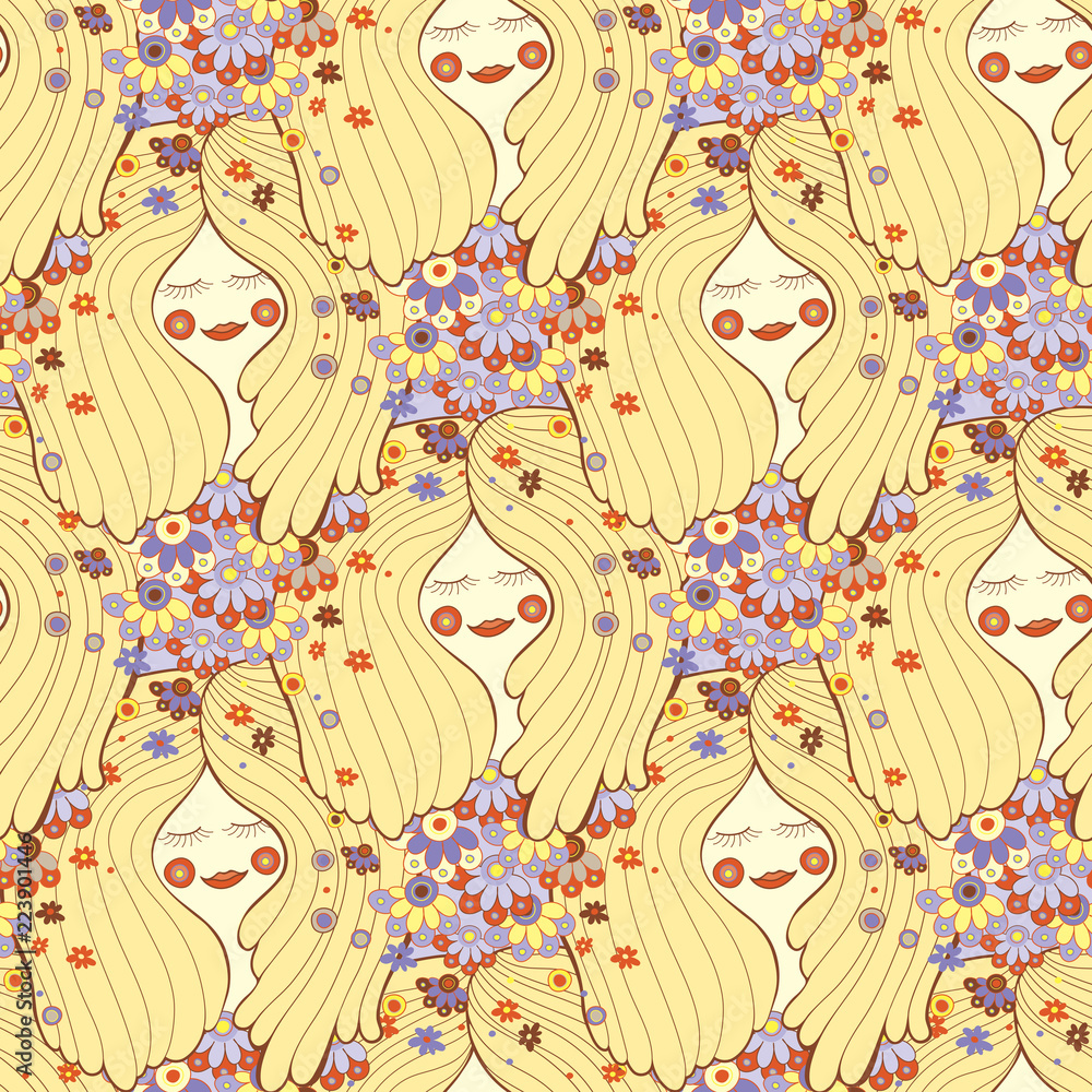Cute happy girl with flowers seamless pattern, vector illustration Cute happy girl with flowers seamless pattern, vector illustration