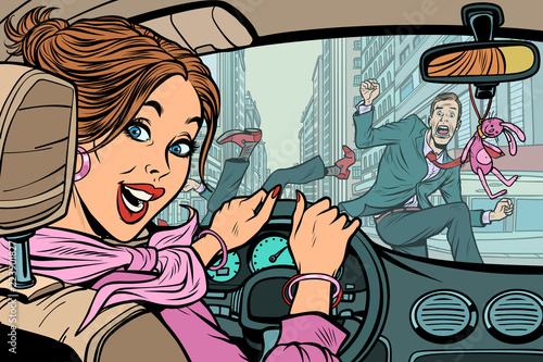 Joyful woman driver, accident on road with pedestrian