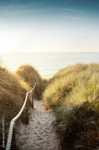 Fototapeta Naklejka Na Ścianę i Meble -  Walking down to the beach with sea overview at the evening enjoying sunset light. Best place to spent after a summer day. Løkken in North Jutland in Denmark, Skagerrak, North Sea