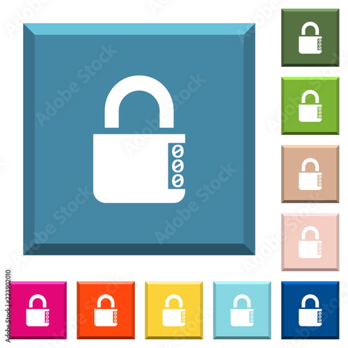 Locked combination lock with side numbers white icons on edged square buttons