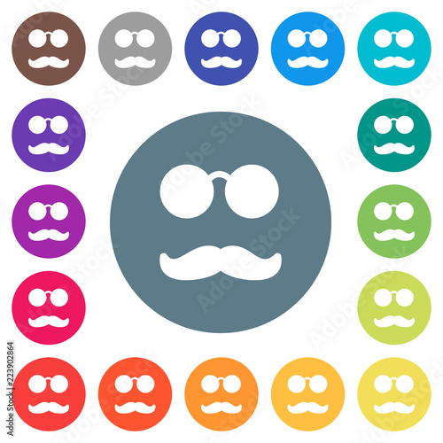 Glasses and mustache flat white icons on round color backgrounds