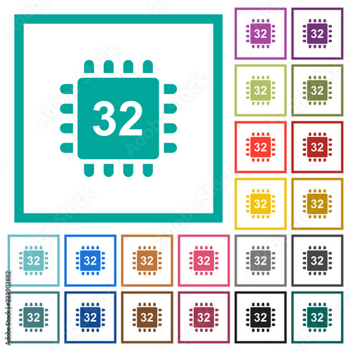 Microprocessor 32 bit architecture flat color icons with quadrant frames
