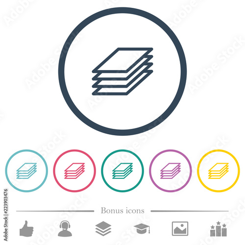 Printing papers flat color icons in round outlines