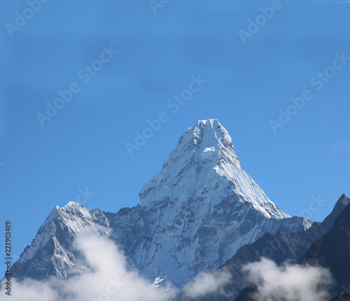 Amazing and Wonderful view of mountain Ama Dablam in the Mount Everest range, iconic peak of Everest trekking route, eastern Nepal