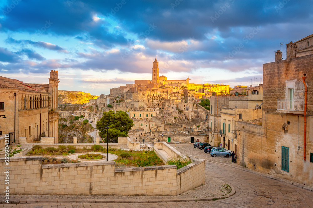 panorama of the medieval town of Matera at sunset, Italy. Europe