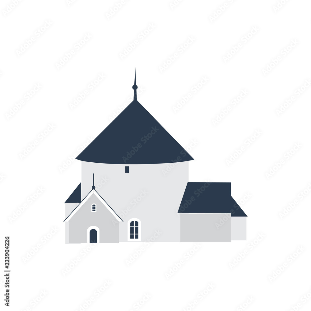 Round Church Bornholm Ronne Denmark, Landmark vector cartoon illustration isolated on white, danish decorative flat building, architecture historic sight attraction symbol, Travel sightseeing set