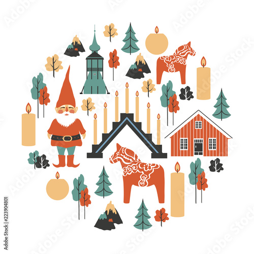 Swedish vector traditional symbols, Tomtar elf, Dalecarlica horse, Dalarna horse, red house, candles, candlestick, Bell Tower of Church, Kiruna, isolated on white, decorative round frame travel flat