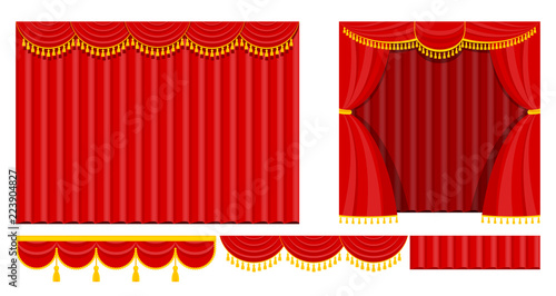Curtains with lambrequins on the stage of the theater, concert hall. Decorations for the opening ceremony, at the premiere, awarding or other solemn official event