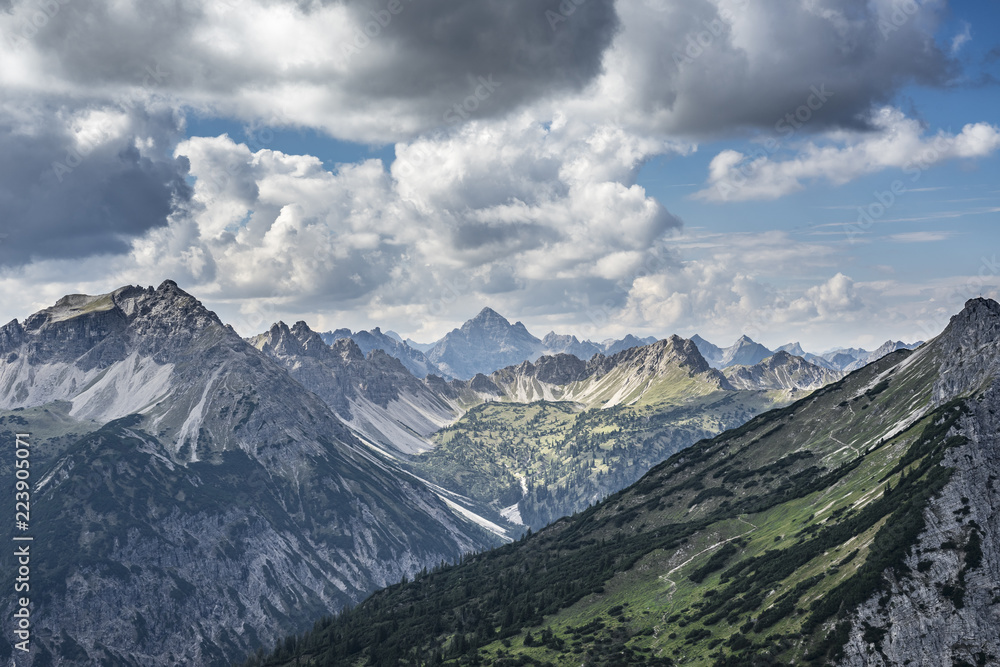 scenic mountain landscape in the Tannheim Valley, Tirol, Austria with the famous summits of Rote Flueh, Gimpel and Aggenstein