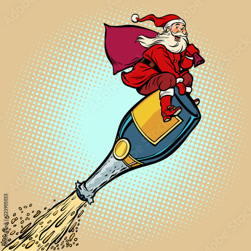 Santa is flying on a bottle of champagne. New year and Christmas