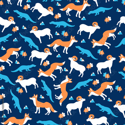 Seamless wild animal pattern, cartoon vector illustration, colorful fox, ram, sable isolated on blue backdrop, decorative texture with forest, for design wallpaper, textile, greeting card, invitation
