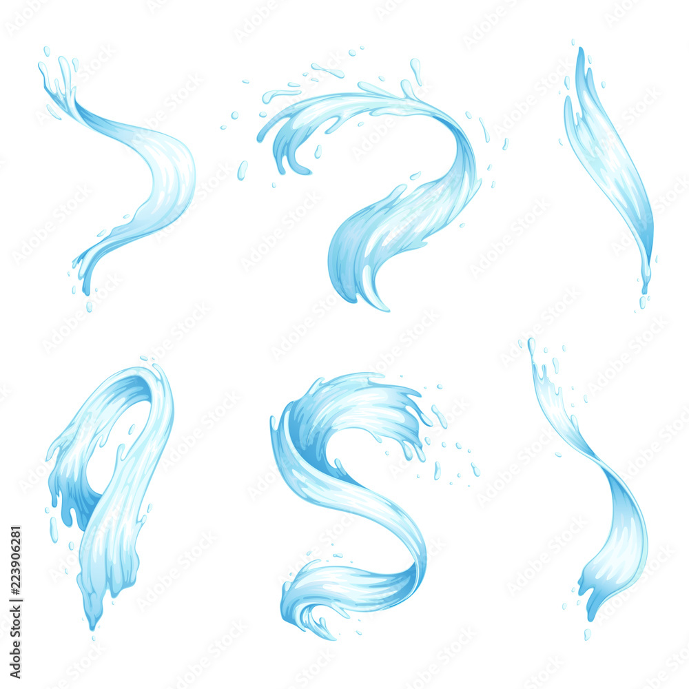 Set of water splashes and waves. Blue streams of water of different shapes. Vector illustration Set of water splashes and waves. Blue streams of water of different shapes. Vector illustration