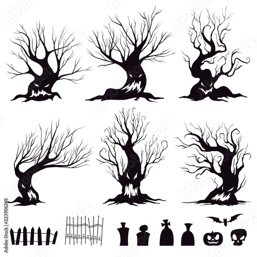 Set of silhouettes for halloween sinister trees, fences, graves, skull, pumpkin and bat. Vector illustration
