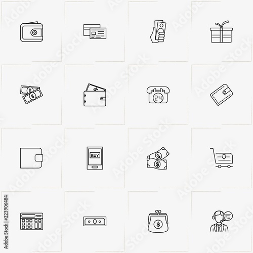 Online Shopping line icon set with twenty four hours call , gift box and credit card