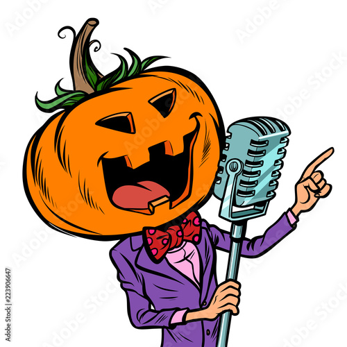 Halloween pumpkin character singer. Isolate on white background
