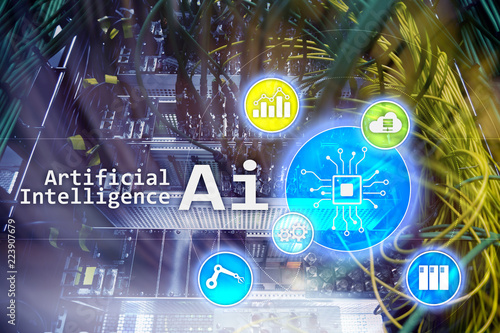 AI, Artificial intelligence, automation and modern information technology concept on virtual screen.