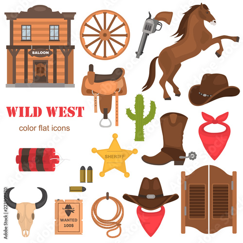 Wild West color vector icons set. Flat design