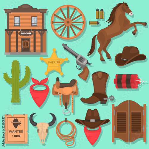 Wild West color vector icons set. Flat design
