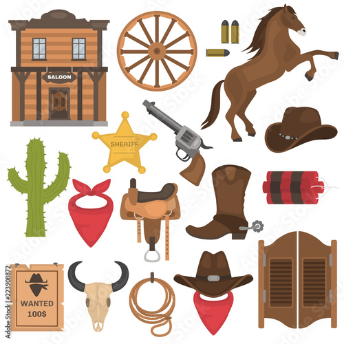 Wild West color vector icons set. Flat design