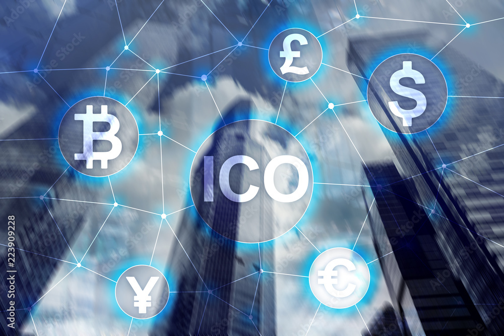 ICO - Initial coin offering, Blockchain and cryptocurrency concept on blurred business building background. ICO - Initial coin offering, Blockchain and cryptocurrency concept on blurred business building background.