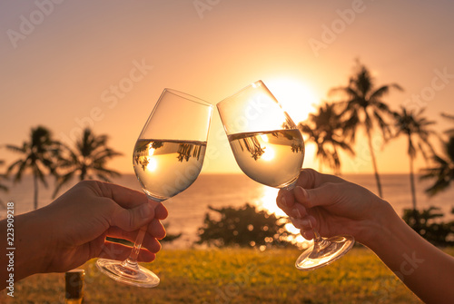 Couple cheers with wine glasses in a beautiful sunset beach setting. 
