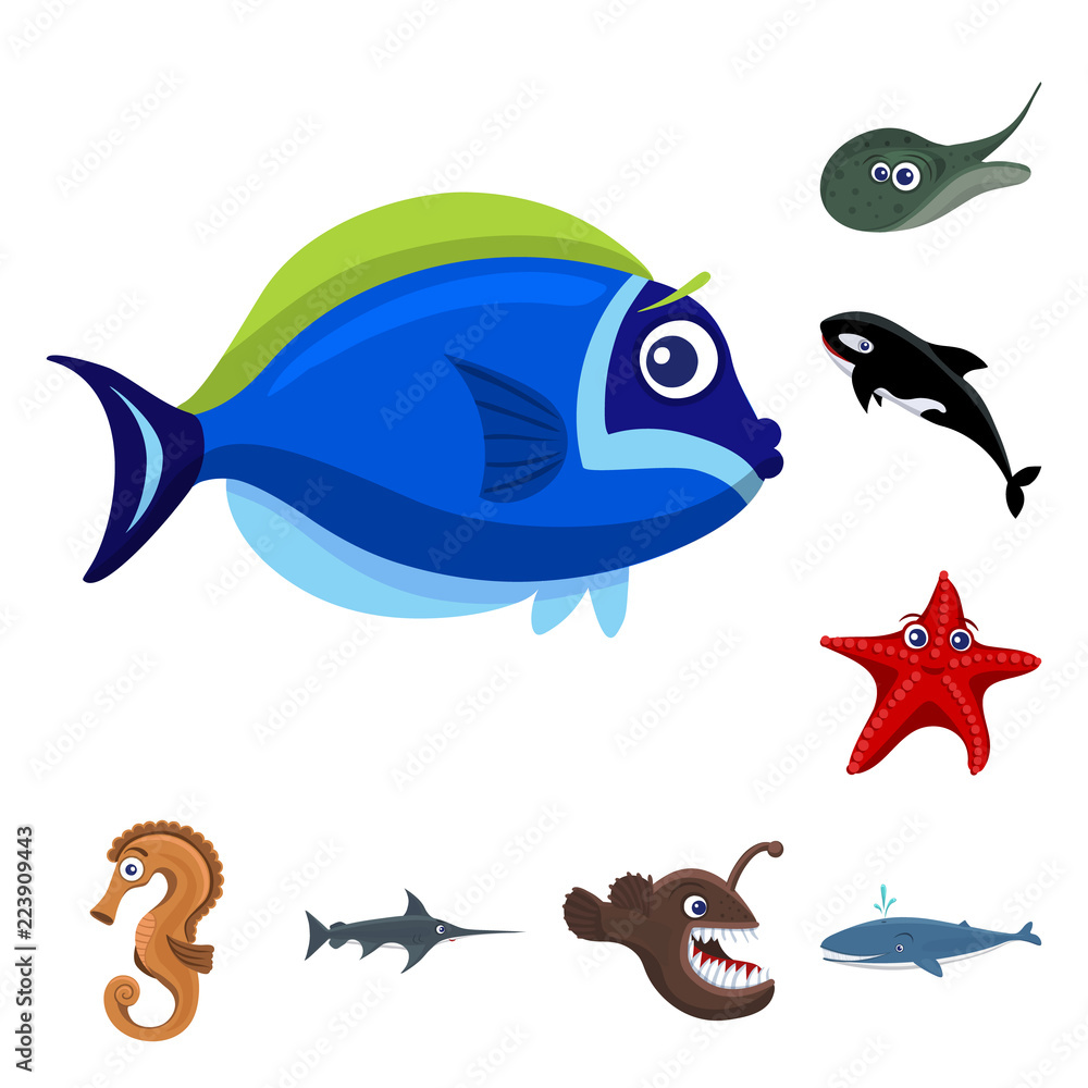 Isolated object of sea and animal symbol. Collection of sea and marine stock symbol for web. Isolated object of sea and animal symbol. Collection of sea and marine stock symbol for web.