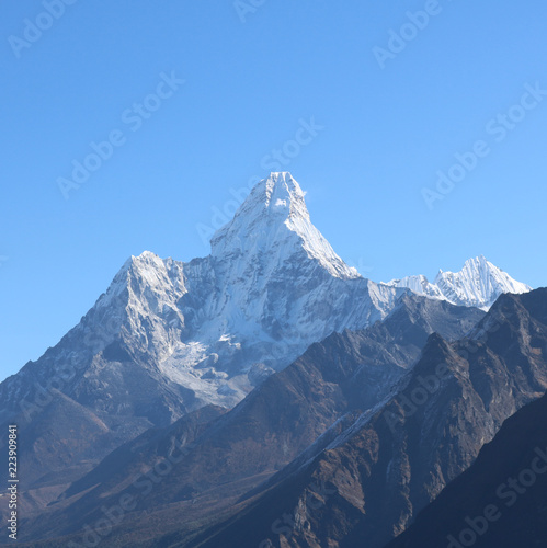Amazing and Wonderful view of mountain Ama Dablam in the Mount Everest range, iconic peak of Everest trekking route, eastern Nepal