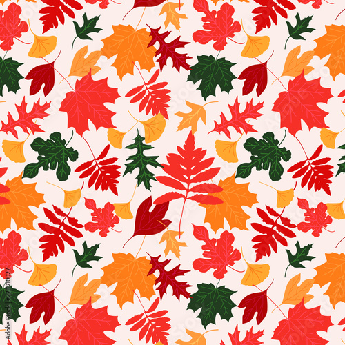 Vector repeating pattern with bright colorful fall leaves in autumn colors red, yellow, green leaf silhouette seamless pattern