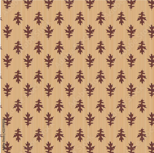 Vintage oak leaves seamless repeat pattern in browns, golden ochre brown on tonal tan pinstripe