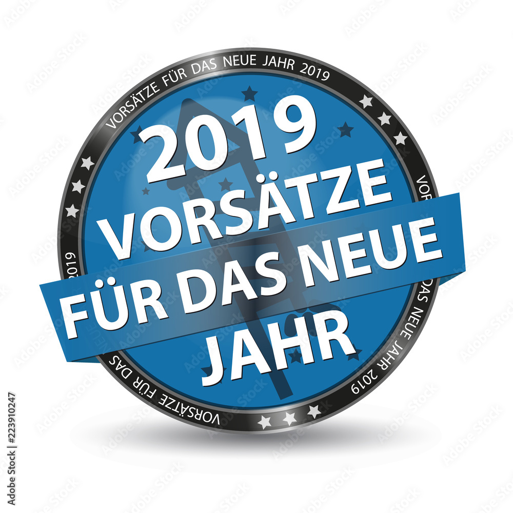 Blue German Glossy Button New Years Resolution 2019 With Firecracker And Stars - Vector Illustration - Isolated On White Background