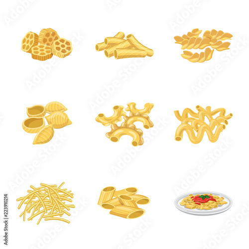 Vector design of pasta and carbohydrate icon. Set of pasta and macaroni stock symbol for web.