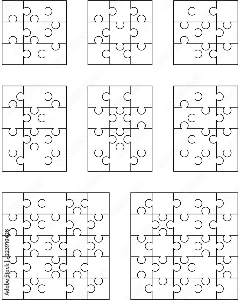 Vector illustration of eight different white puzzles, separate pieces Vector illustration of eight different white puzzles, separate pieces