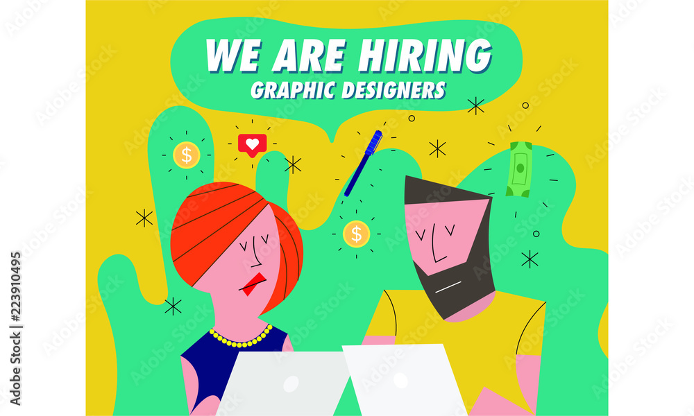 Hiring / Recruitment team with computer. Recruiting Concept with icons in background. Business. Vector illustration of a man and woman. We're Hiring Graphic Designers Hiring / Recruitment team with computer. Recruiting Concept with icons in background. Business. Vector illustration of a man and woman. We're Hiring Graphic Designers